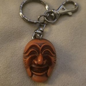 Unique Wood Carved Male Face Head Mask Key Chain